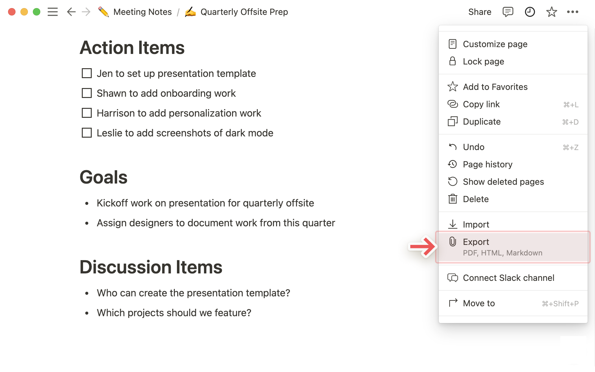 Export menu on a Notion page (click ••• → Export).