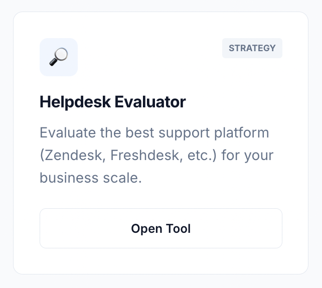 Helpdesk Evaluator tool interface showing platform comparison scoring