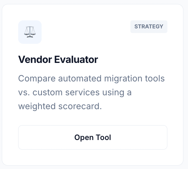Vendor Evaluator tool interface showing weighted scorecard comparison